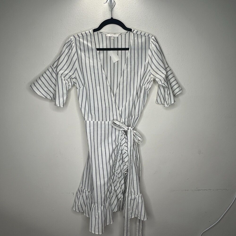 NWT Lavender Brown White and Blue Pinstripe Short Sleeve Ruffle Hem Wrap Dress S